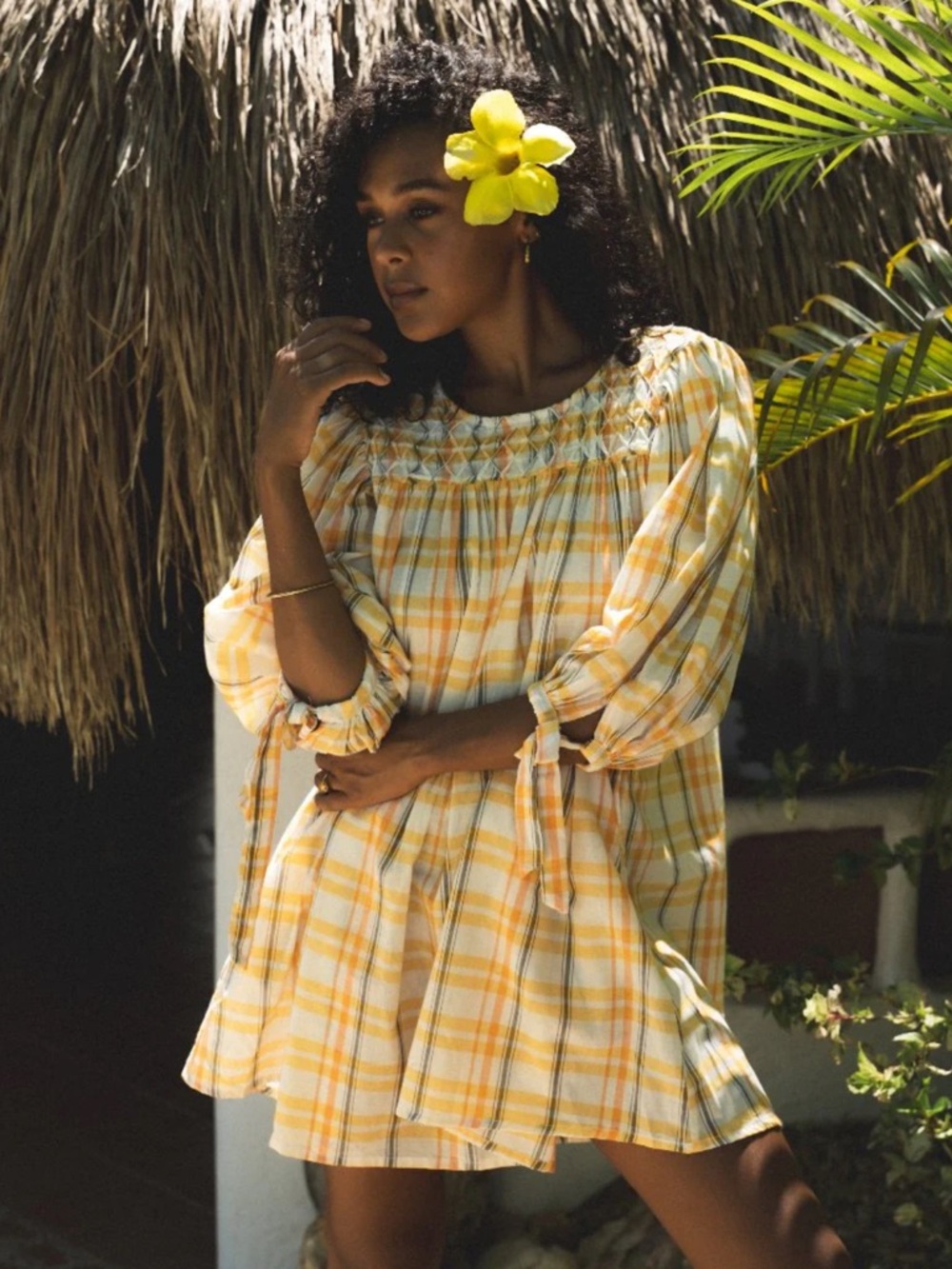 Daughters of India Yellow Honeycomb Plaid Cotton Freya Mini Dress Sz. S